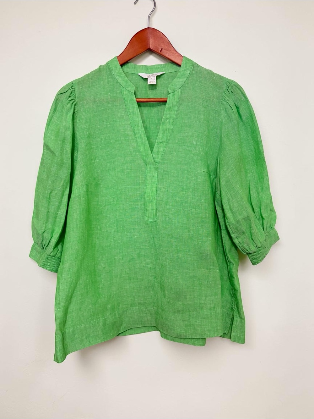 Lilly Pulitzer Green Linen Mialeigh Split V Neck Puff Sleeve Blouse Resort sz 6